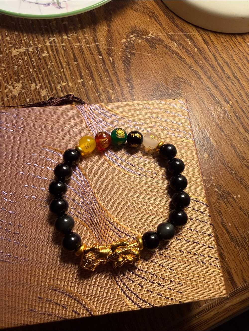 Gold Pixiu Black Bead Stretch Bracelet with Multicolor Accent Beads